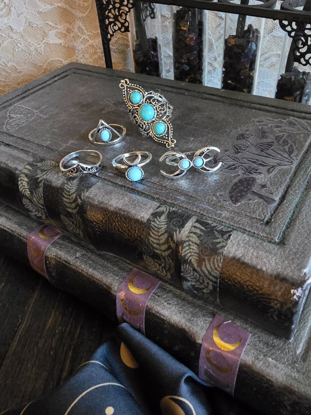 Faux Turquoise Knuckle Rings 5 piece Set - Silver - Chunky - boho - beach hippy
